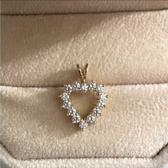 Jewelry - 14k solid yellow gold open heart charm / pendant for necklace, diamond simulant